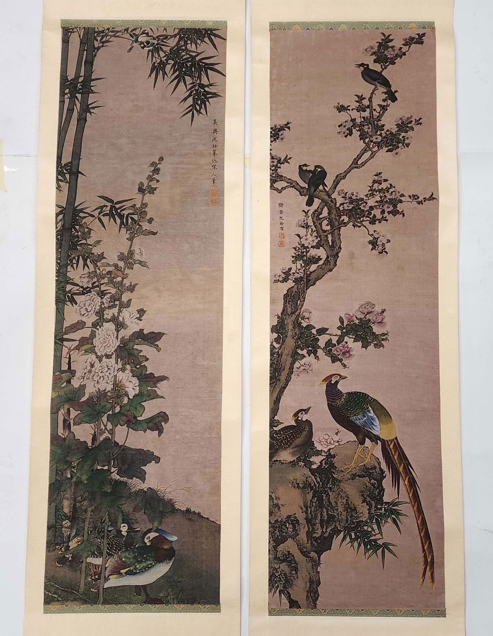 Pair of Chinese Jacquard Woven Silk Bird & Floral Scrolls (1 of 9)