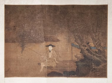 Antique Chinese Painting on Silk of a Fisherman