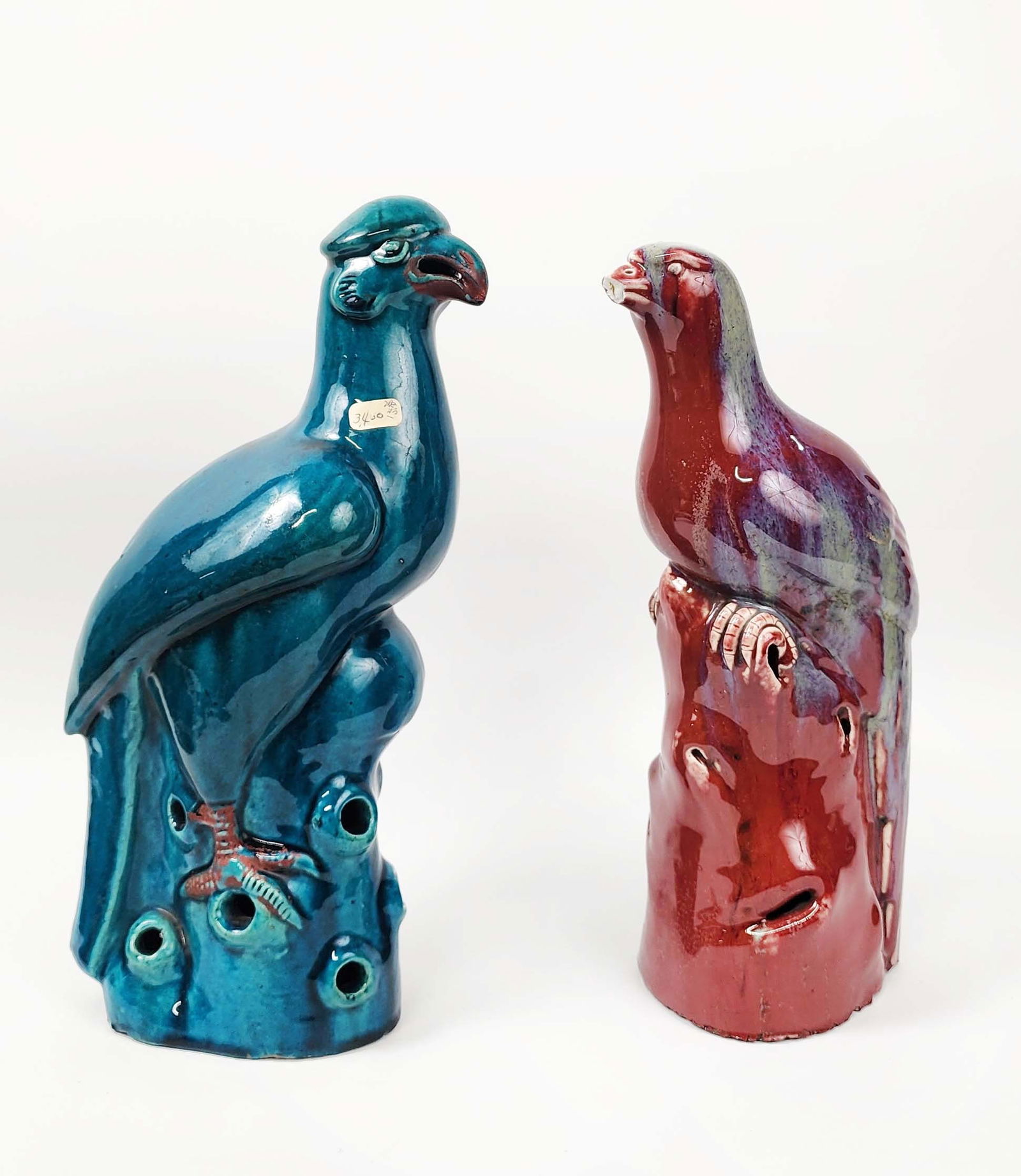 Lot of 2 Antique Chinese Red Flambe & Ming Blue Glazed Porcelain Birds: Lot of 2 Antique Chinese Red Flambe & Ming Blue Glazed Porcelain Birds, h. 14.75 & 14 inches, circa late 19th- early 20th century. Provenance: Estate of a New York collector/ dealer. The collection as
