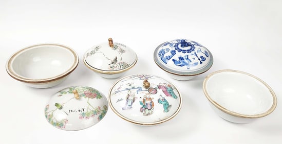 Group of Antique Chinese Warmer Bowl Lids & Liner Bowls