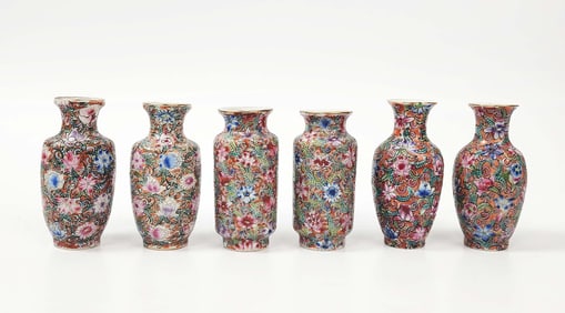Set of 6 Antique Chinese Famille Rose Millefluer Porcelain Doll House Vases