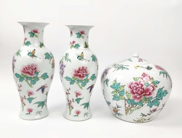 Chinese Export Famille Rose Porcelain Pair of Vases & a Jar