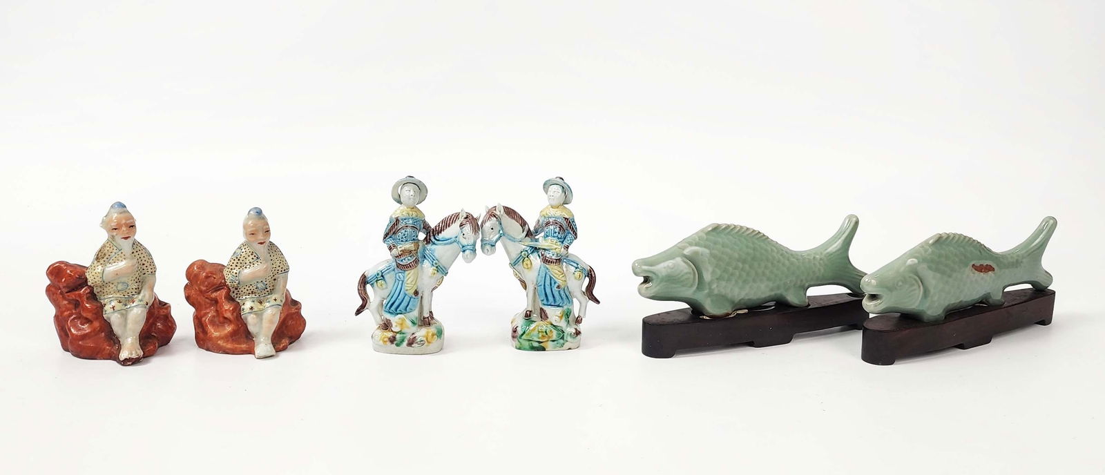 Group of 6 Chinese Export Porcelain Figurines: Group of 6 Chinese Export Porcelain Figurines . Including; pair of Famille Rose figurines of an elderly man; pair of polychrome glazed figurines of a man on horse; and a pair of celadon glazed fish sh