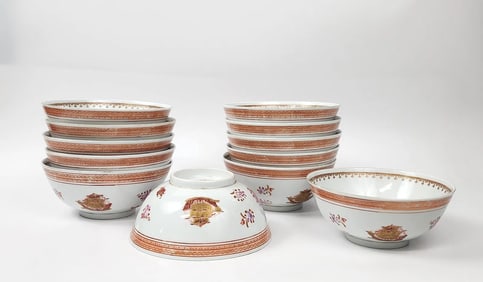 Set of 12 Chinese Export 18th C. StylePorcelain Armorial Bowls with Eagles