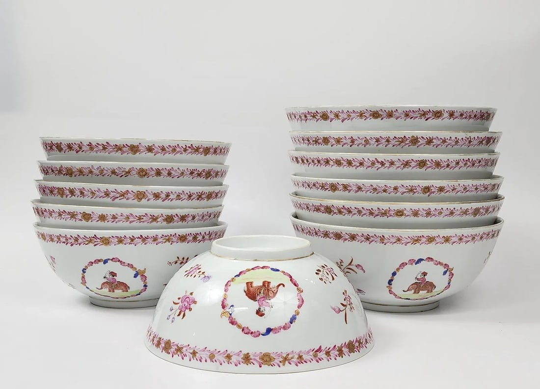 Set of 12 Chinese Export 18th C. StylePorcelain Indian Market Bowls with Elephants (1 of 6)