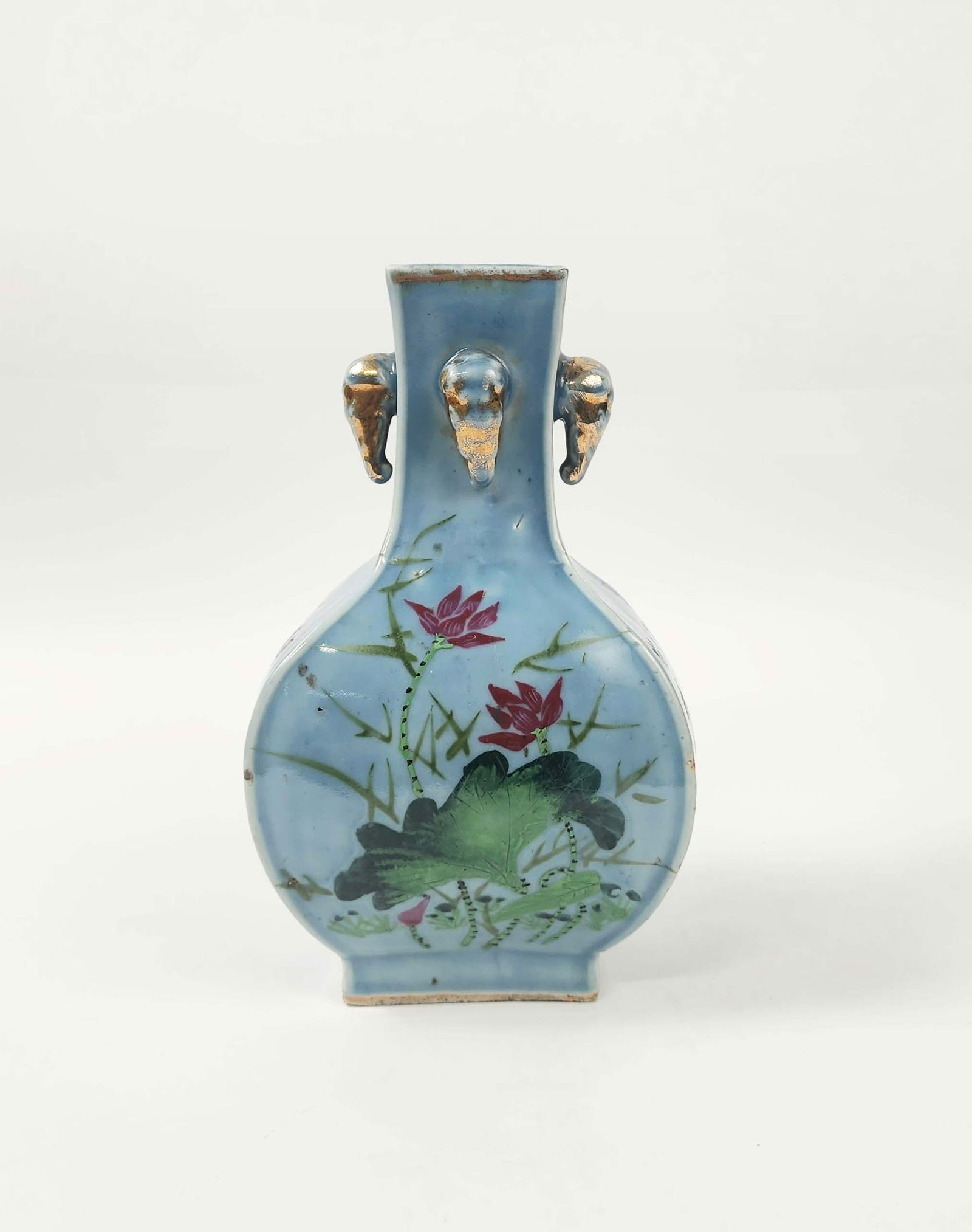 Antique Chinese Sky Blue Glazed & Enameled Porcelain Vase: Antique Chinese Sky Blue Glazed & Enameled Porcelain Vase, h. 9.25 inches, circa early 20th century. Provenance: Estate of a New York collector/ dealer. The collection assembled between early 1950s to