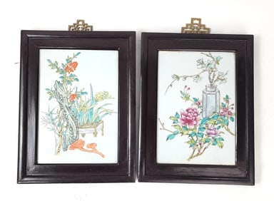 Pair of Chinese Famille Rose Porcelain Framed Plaques