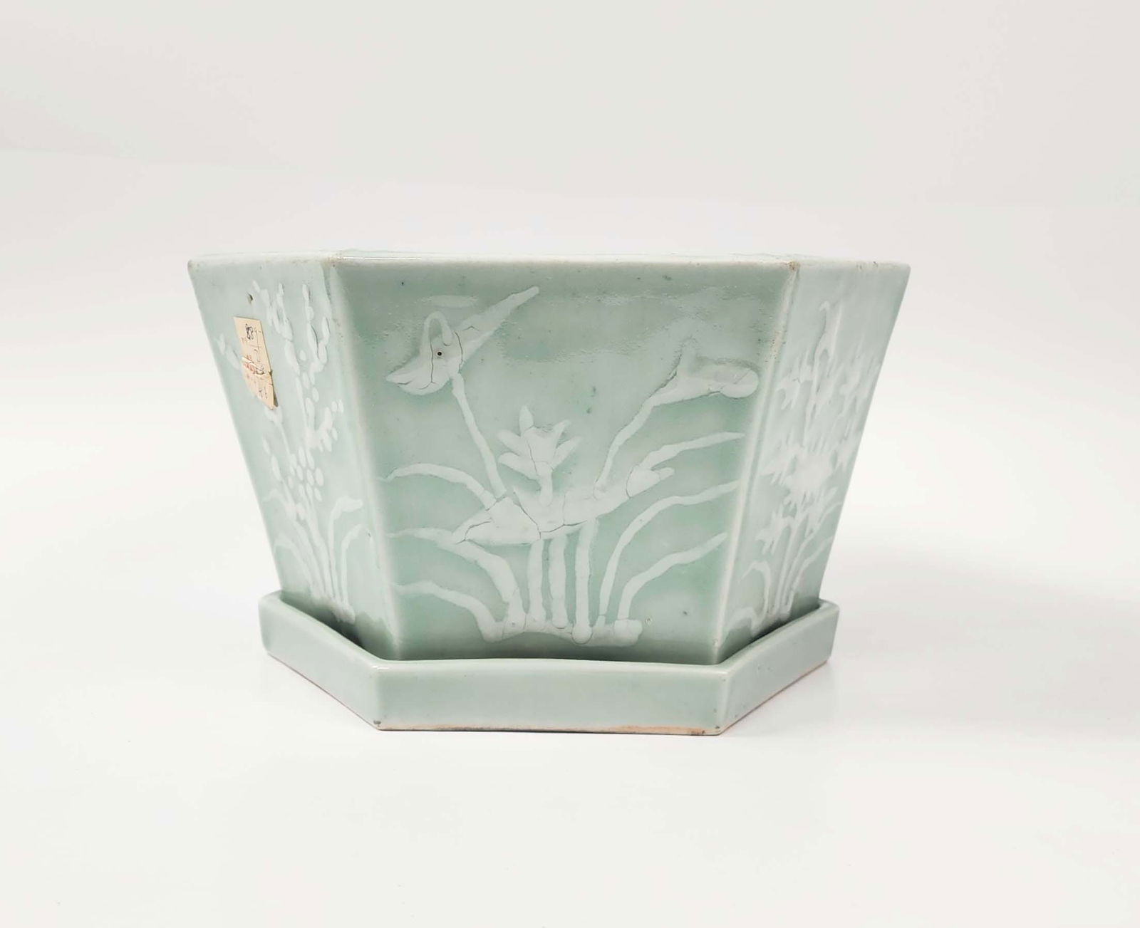Antique Chinese Celadon Glazed & Slip Decorated Hexagonal Planter & Saucer (1 of 11)