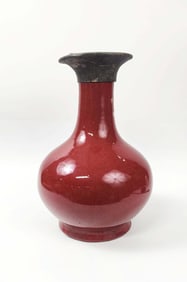 Antique Chinese Red Flambe Glazed Vase with Pewter Rim