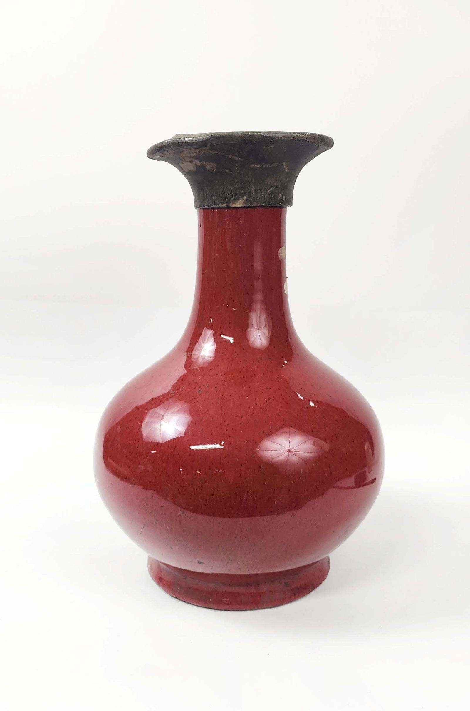 Antique Chinese Red Flambe Glazed Vase with Pewter Rim (1 of 9)