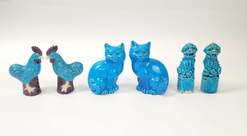 Group of 6 Chinese Export Blue Glazed Porcelain Rooster, Cat & Foo Dog Figures