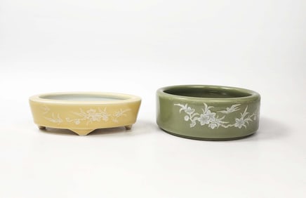 Lot of 2 Chinese  Jingdezhen Celadon & Yellow Glazed Bonsai Planters
