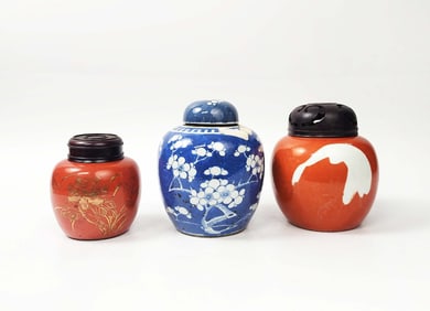 Lot of 3 Antique Chinese Blue & White, Coral Ground Porcelain Jars