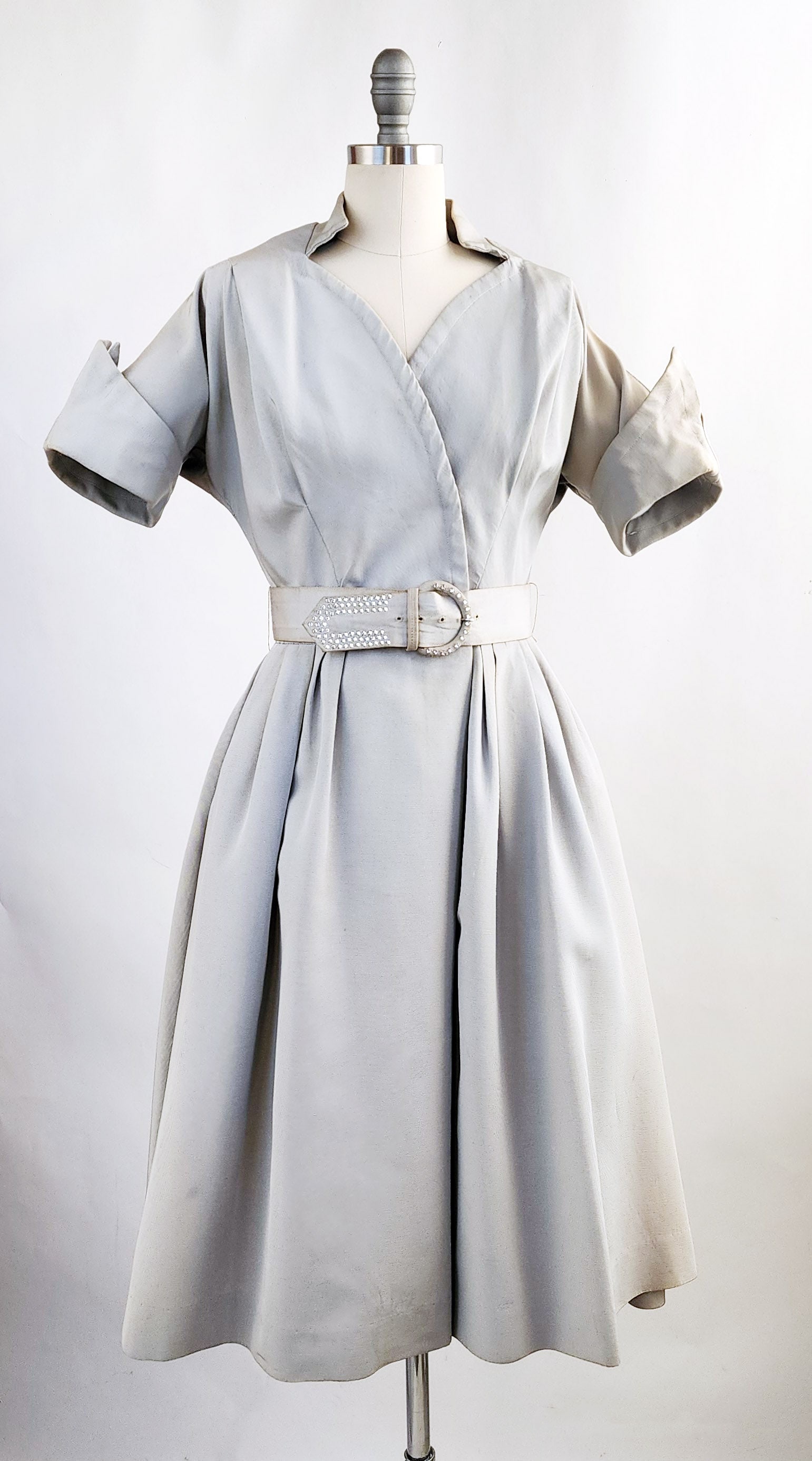 Prestige Juniors New York Blue Faille Dress, 1950s: Prestige Juniors of New York Pale Blue Rayon Faille Cocktail Dress with Matching Belt, 1950s.