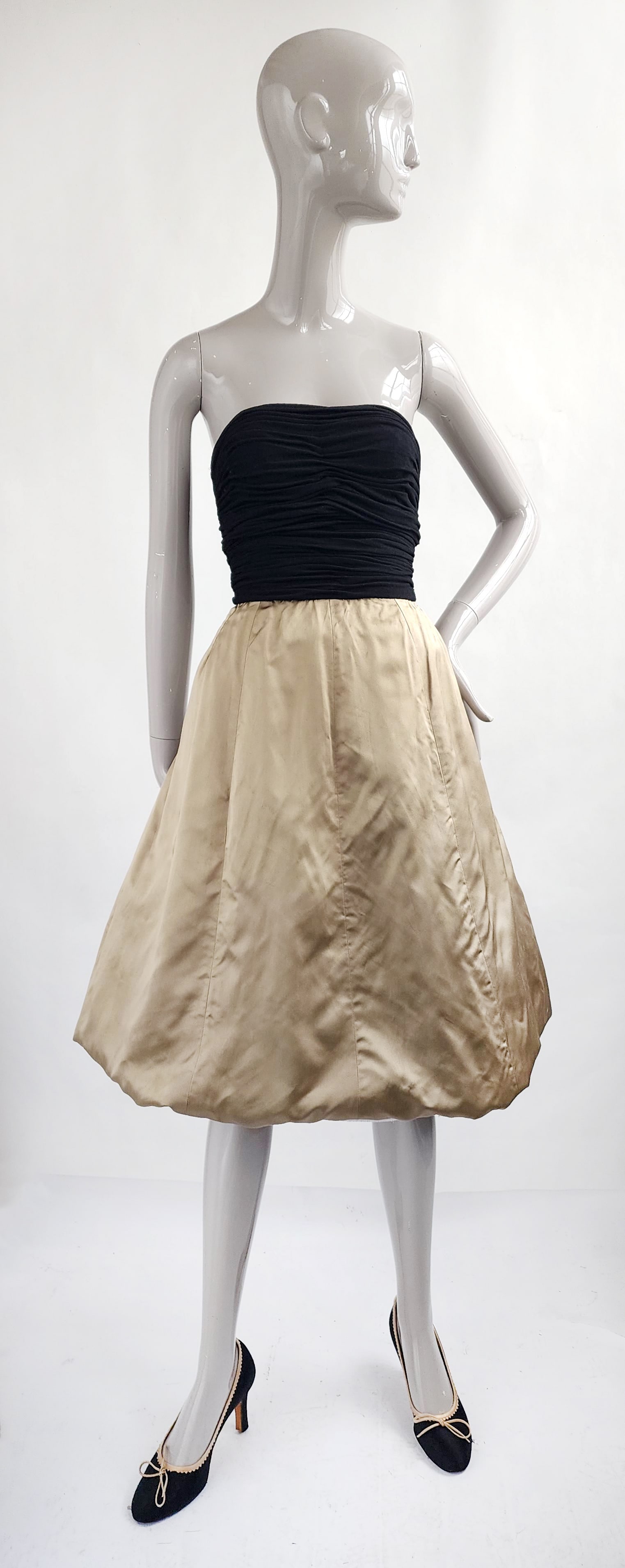 1950s Strapless Black Crepe & Olive Green Silk Satin Cocktail Dress, ca. 1950s (1 of 5)