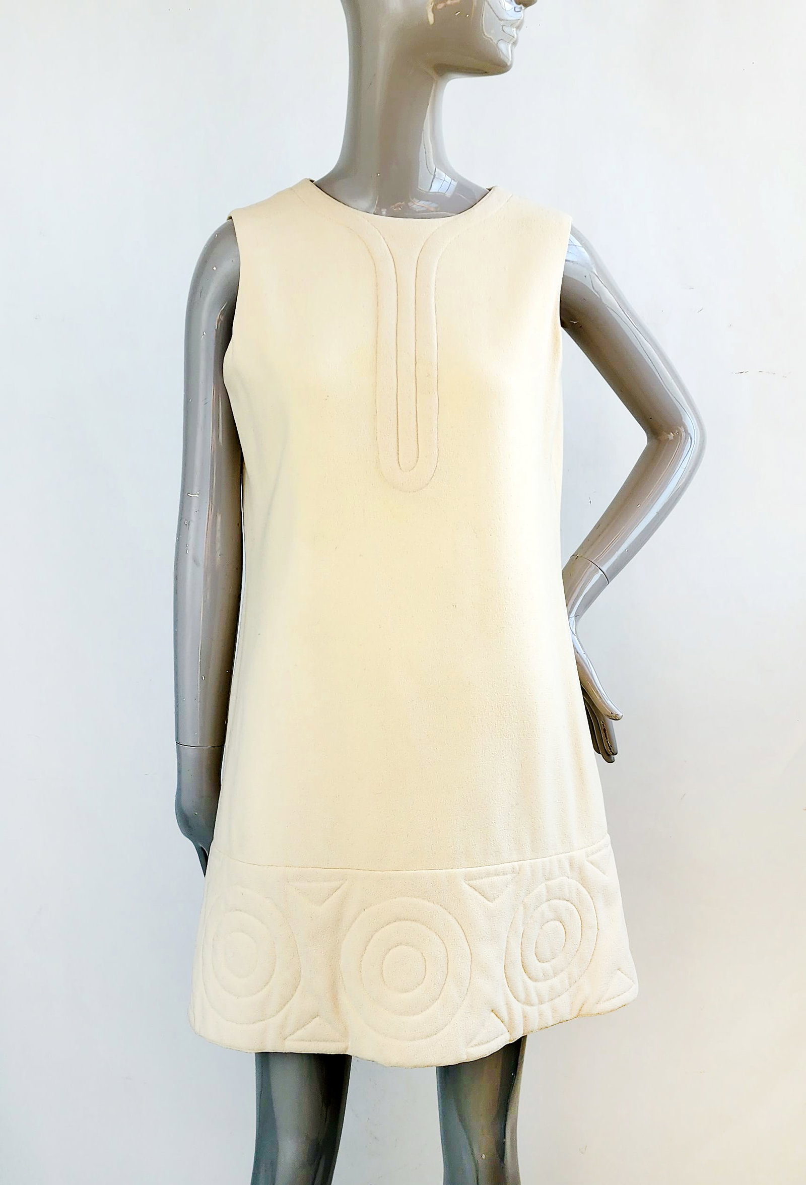 Pierre Cardin Cream Wool Crepe Mini Dress, 1968: Pierre Cardin Paris New York Cream Wool Crepe Mini Dress, ca. 1967-68. Green colorway of the dress is in the permanent collection of Victoria & Albert Museum, London (accession# T.260-1983).
