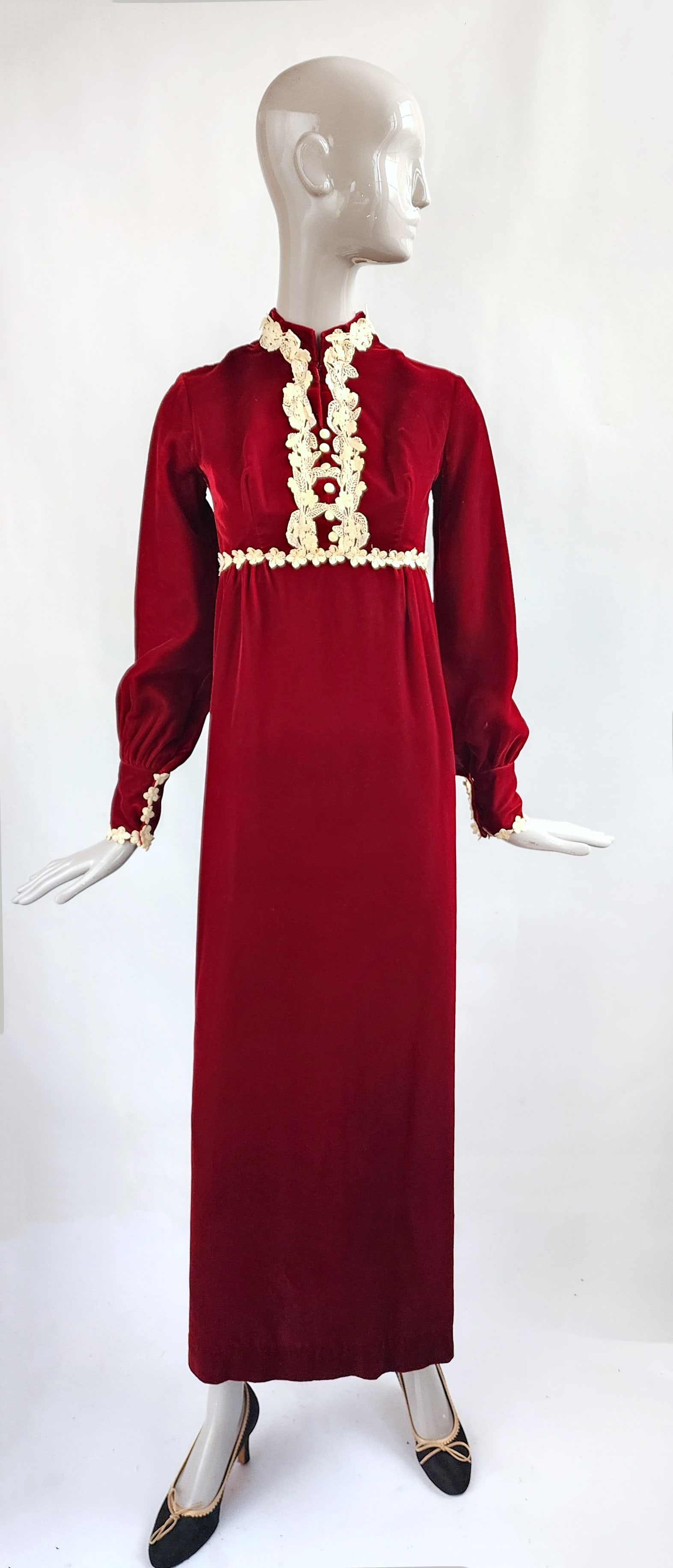 Burgundy Velvet Empire Waist Dress, ca. Late 1960s (1 of 6)