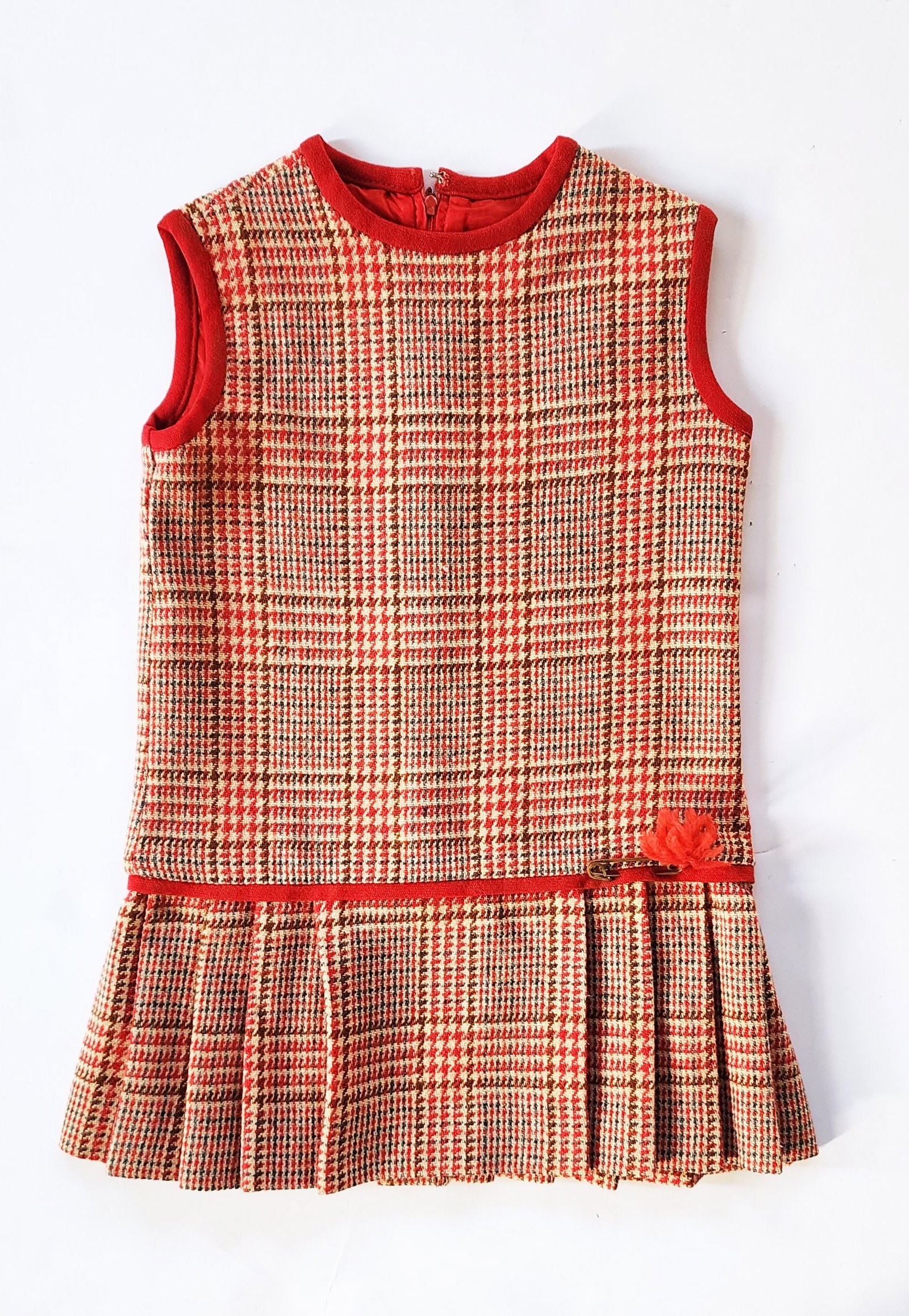 Girltown Red & Brown Plaid Wool Tweed Girls Dress, 1960s (1 of 3)
