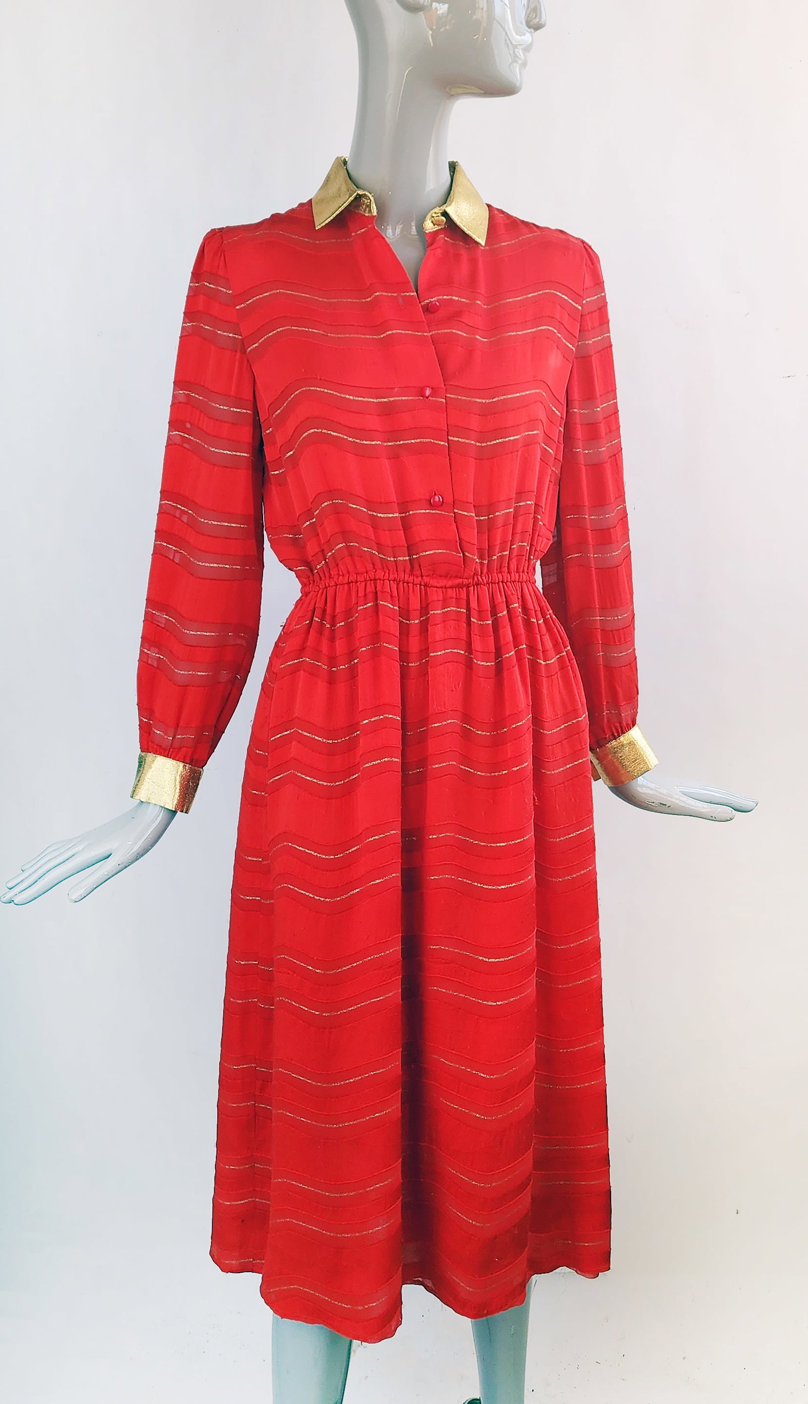 Christian Dior Boutique by Marc Bohan Red & Gold Silk Dress, ca. 1970s: Vintage Christian Dior Boutique by Marc Bohan Red & Metallic Gold Striped Silk Shirt Dress, ca. late 1970s- early 1980s. Made in France. Lined in silk chiffon.