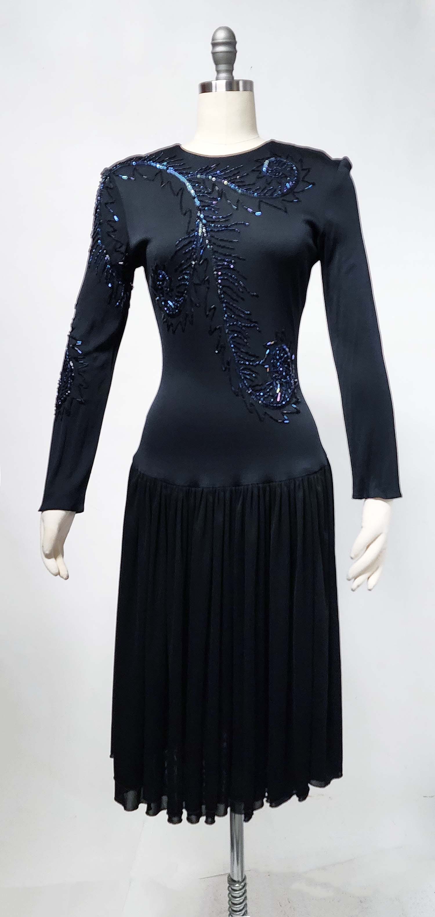 Jonathan Hitchcock for Reuben Thomas Beaded Jersey Dress, 1980s: Jonathan Hitchcock for Reuben Thomas Beaded Black Rayon Jersey Dress, ca. Early 1980s