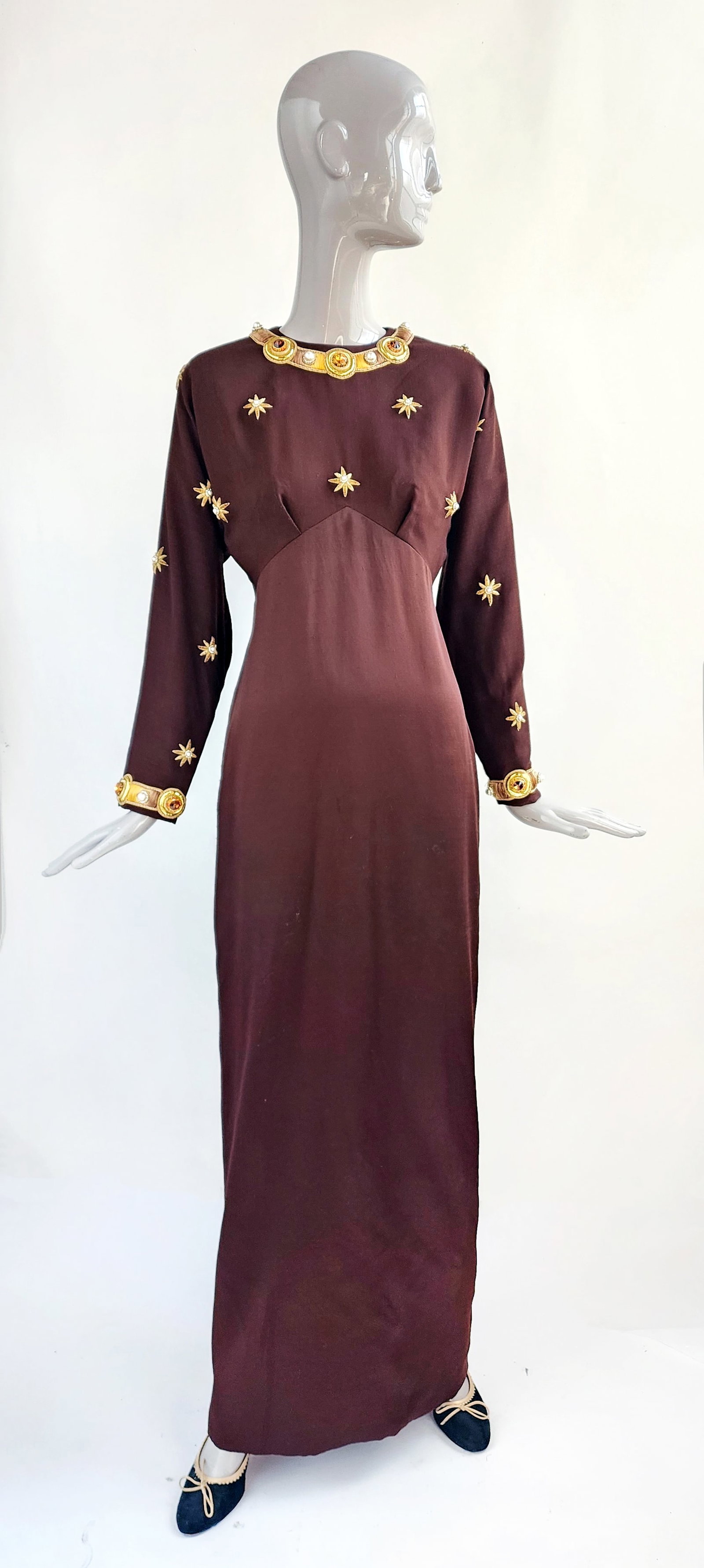 Frank Tignino Couture Embroidered Brown Crepe & Satin Evening Dress, 1980s (1 of 9)