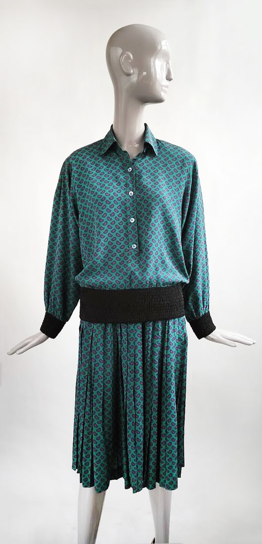 Guy Laroche Boutique Paris Teal Green Paisley Print Silk Top & Skirt Set, ca. 1980s (1 of 4)