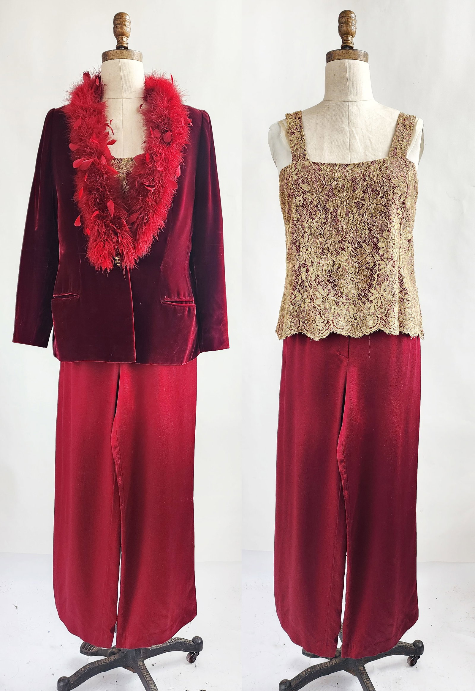 Vintage Serafina Italy Burgundy Velvet, Silk & Gold Lace 3-Pcs Evening Set: Vintage Serafina Italy Burgundy 3-Piece Evening Set, comprising; velvet jacket with feather collar, metallic gold camisole top and silk pants, ca. mid 1990s. Made in Italy, The jacket is lined silk ta