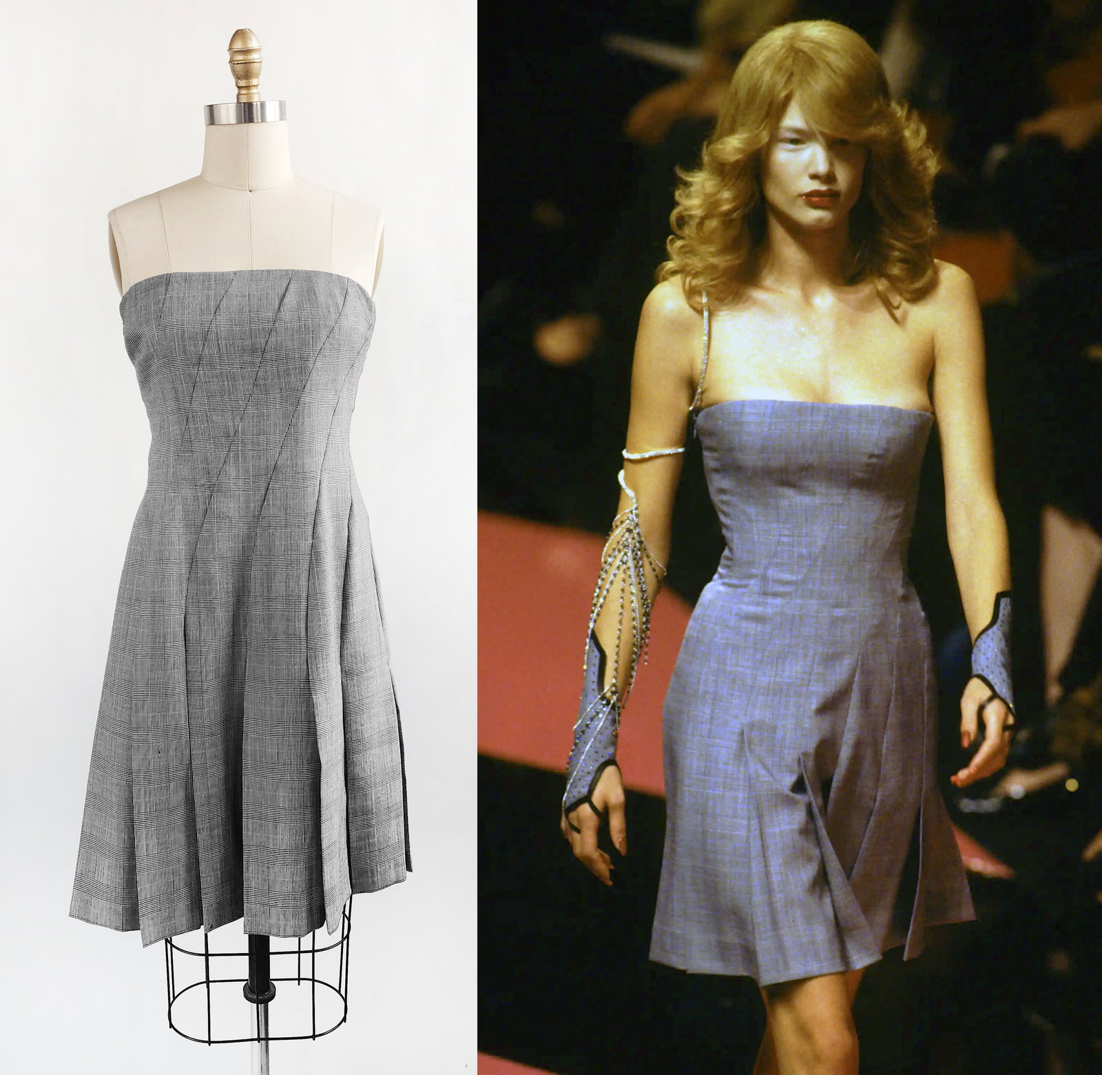 Couture Givenchy by Alexander McQueen Grey Plaid Strapless Dress, S/S 1998: Couture Givenchy by Alexander McQueen grey wool Prince of Wales plaid strapless runway dress, Spring/ Summer 1998. Made in France. It has an built-in inner bodice with steel spiral corset boning. Size