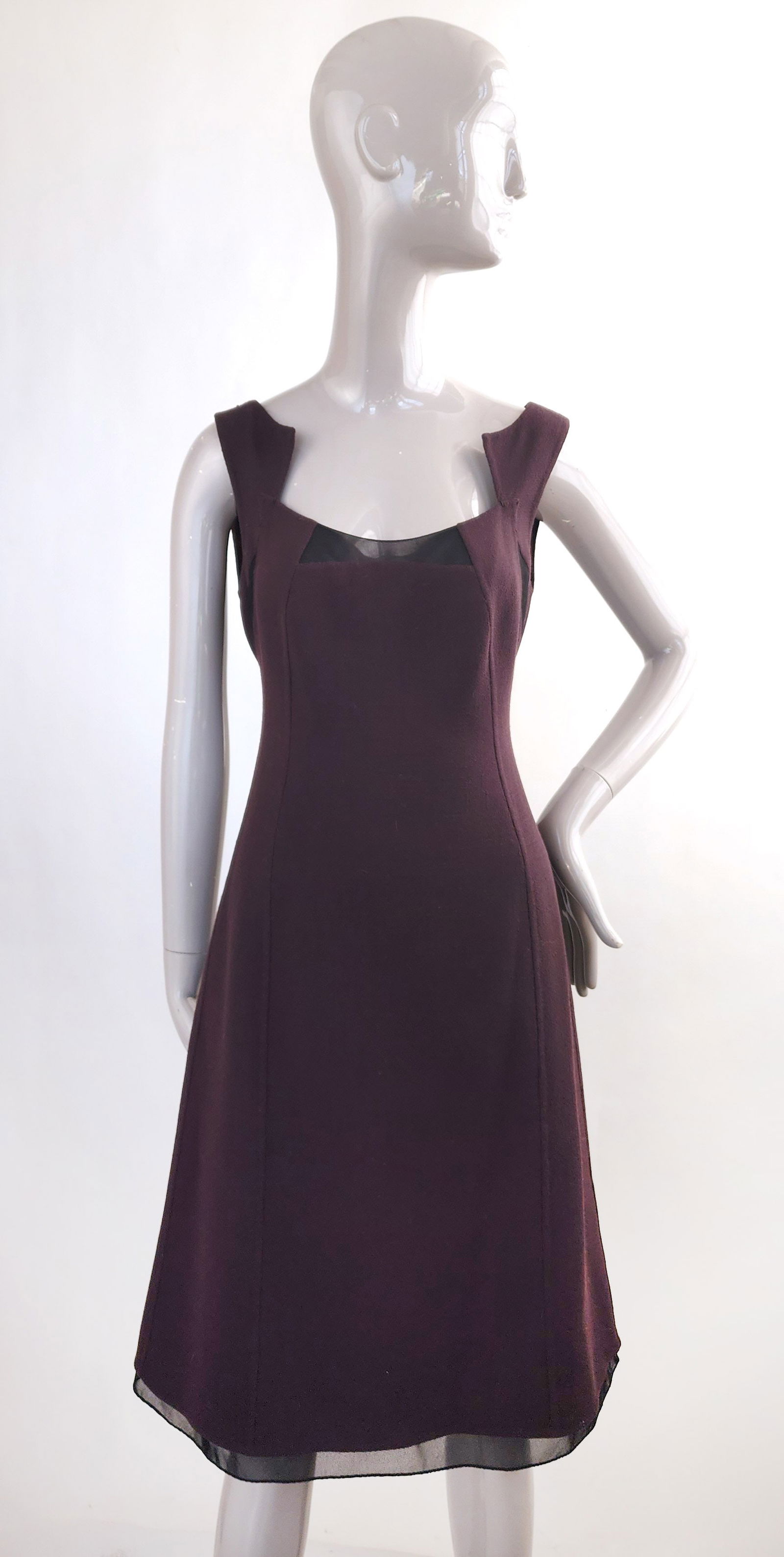 Chado Ralph Rucci Brown Wool Crepe Dress, 2000s: Chado Ralph Rucci Brown Wool Crepe couture dress with black tulle inlays, ca. 2000s. Size 4. Fully silk satin lined.