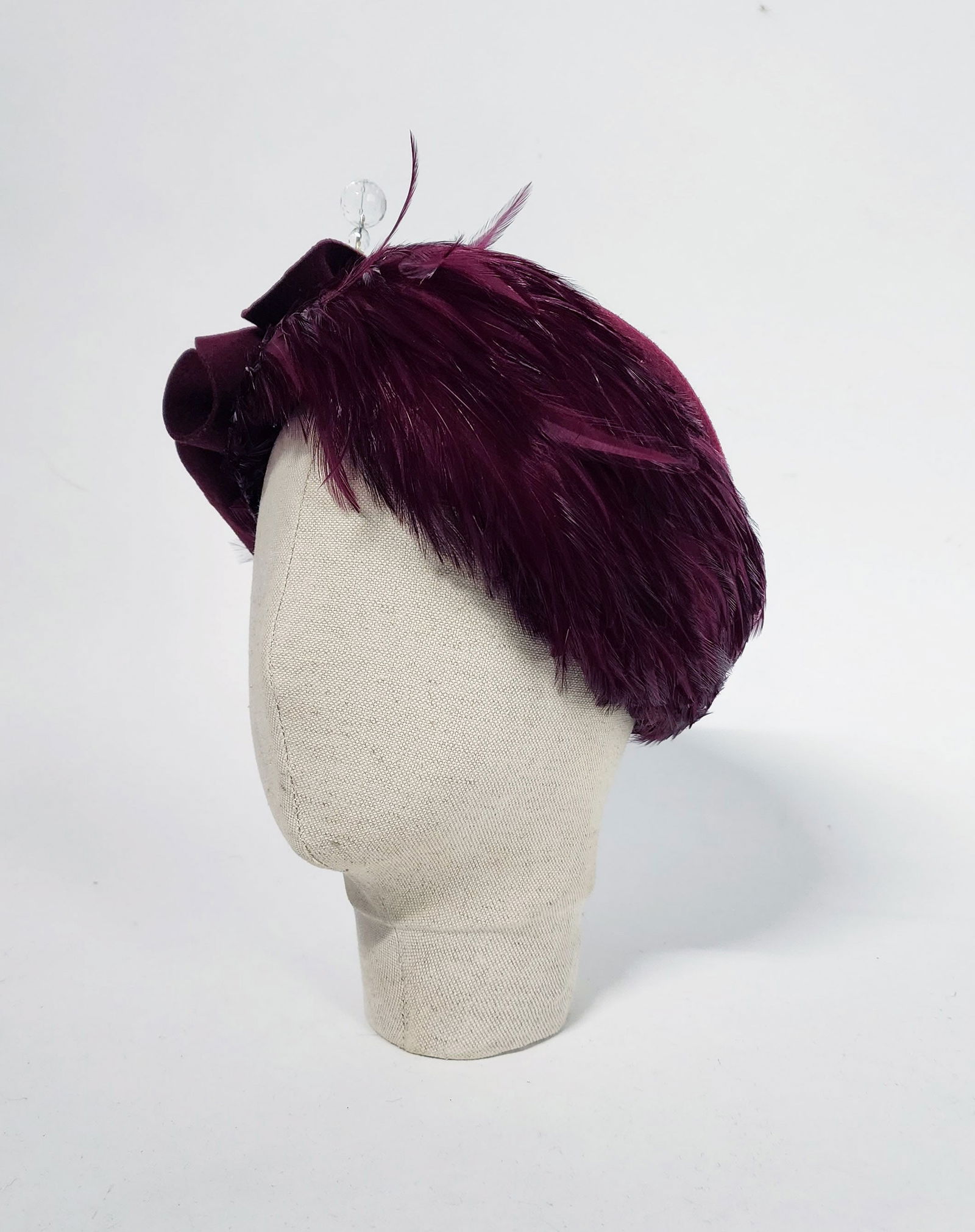 Mr. John Paris NY Burgundy Felt & Feather Hat, 1960s (1 of 6)