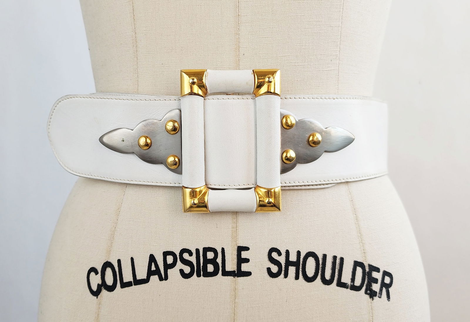 Paloma Picasso White Leather Waist Belt with Gold & Silver Hardware, ca.1980s-90s: Paloma Picasso White Leather Waist Belt with Gold & Silver Hardware, ca. late 1980s- early 1990s.