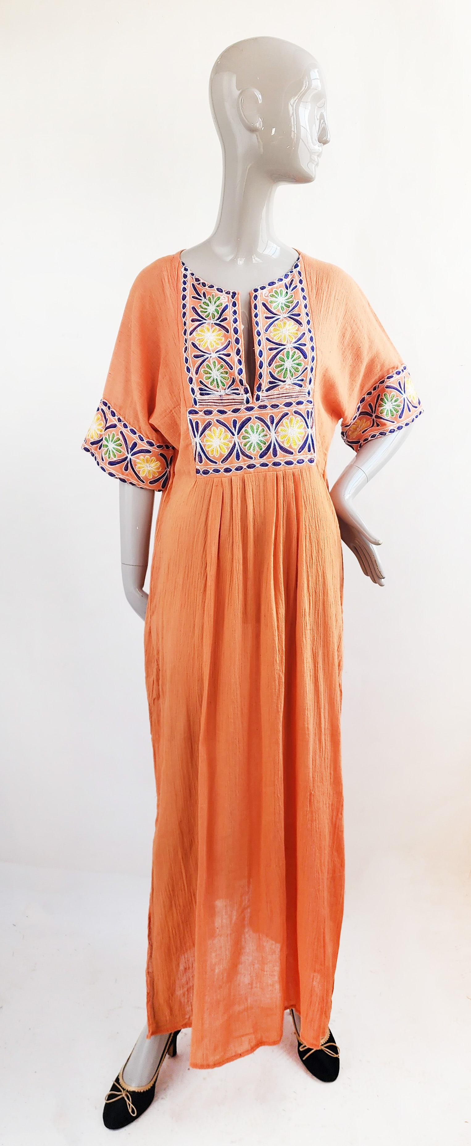 Ramona Rull Orange & Black Block Print Cotton Ethnic Maxi Dress with Mirrors, c. 1970s: Vintage Ramona Rull Enterprise Orange, Red & Black Block Print Cotton Ethnic Maxi Dress with Mirrors, ca. 1970s- early 1980s. Made in Pakistan, size label S. Provenance: Estate of Victoria Salter (194
