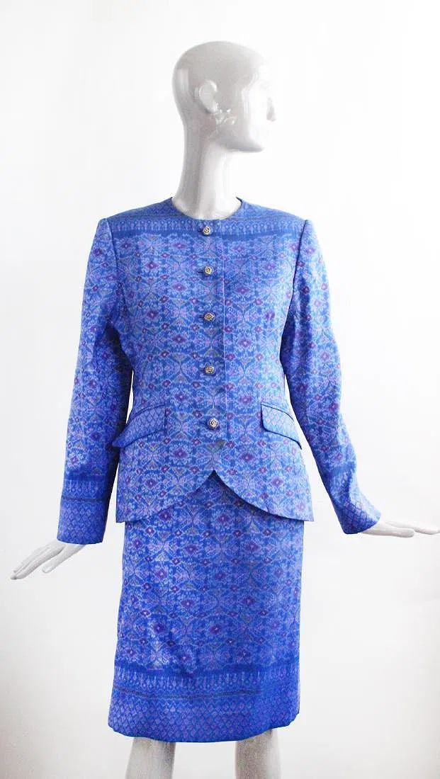Kai Kai by Jean Noel Haxo Blue Ikat Print Thai Silk Suit, ca.1990's.: Kai Kai by Jean Noel Haxo Blue Ikat Print Thai Silk Suit, ca.1990's.