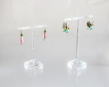 Estate Antique Chinese Enamelled Silver Flower & Hummingbird Earrings