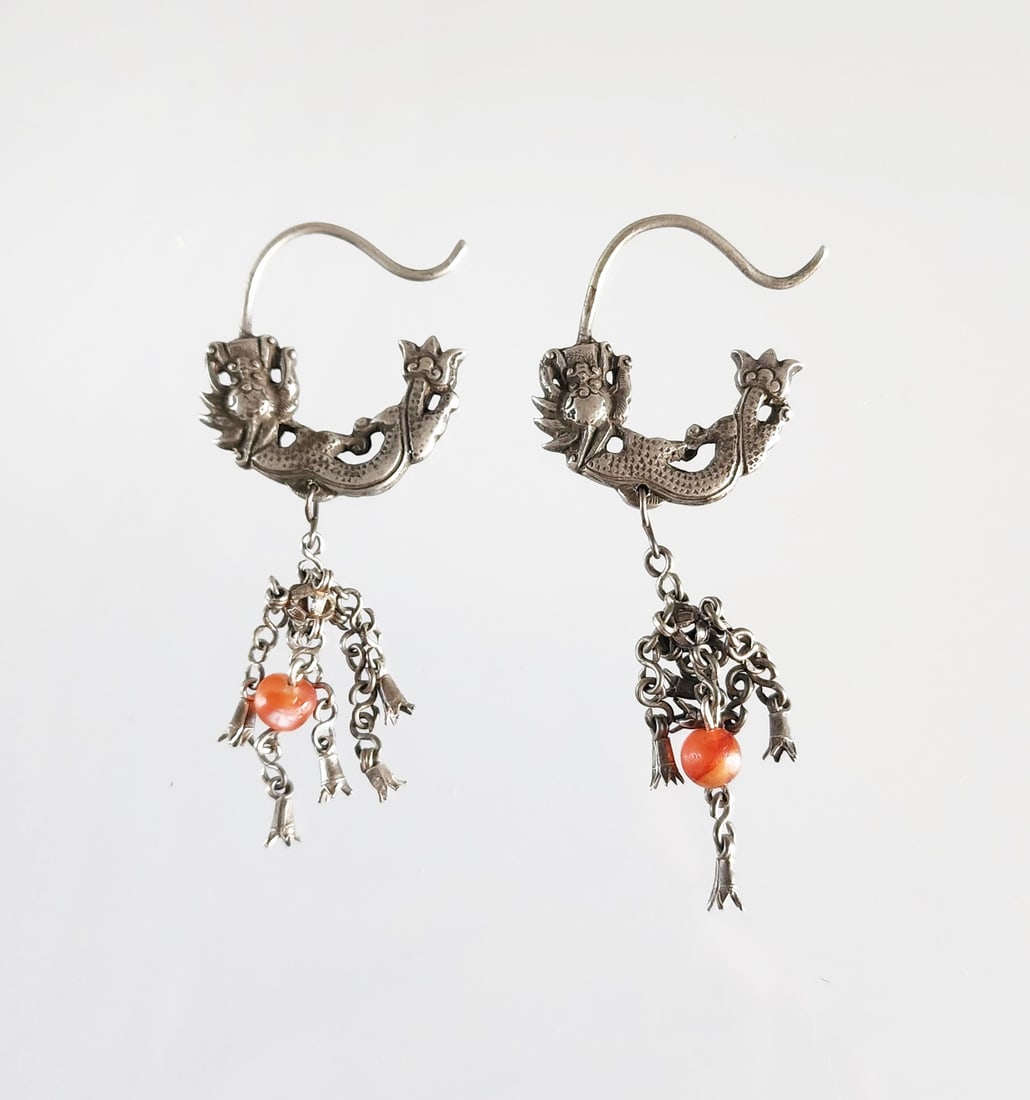 Estate Antique Chinese Silver and Carnelian Dragon Earrings: Estate Antique Chinese Silver and Carnelian Dragon Earrings, ca. 19th- early 20th century. Marks: unmarked. Total weight: 16.8 grams. Provenance: Estate of Victoria Salter (1944-2024) Victoria Salter 