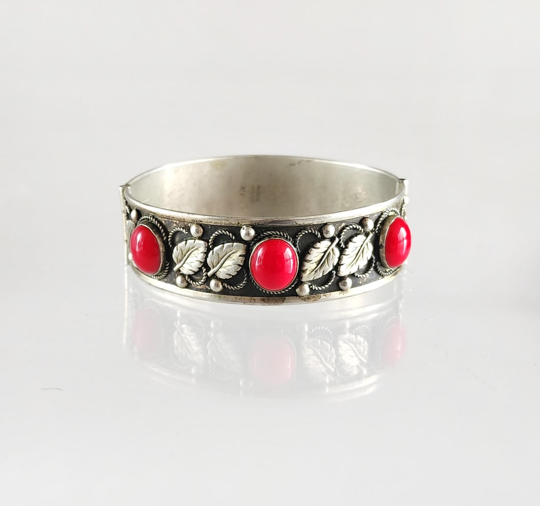 Estate Vintage Italian Silver Tone Alpaca Hinged Bracelet with Red Stones (1 of 6)