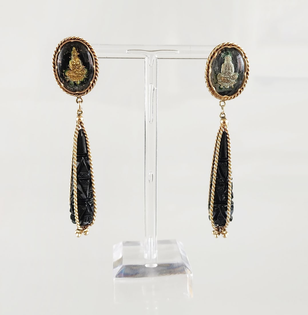 Estate Vintage 10k Gold, Black Jet & Chinoiserie Guanyin Drop Earrings (1 of 17)