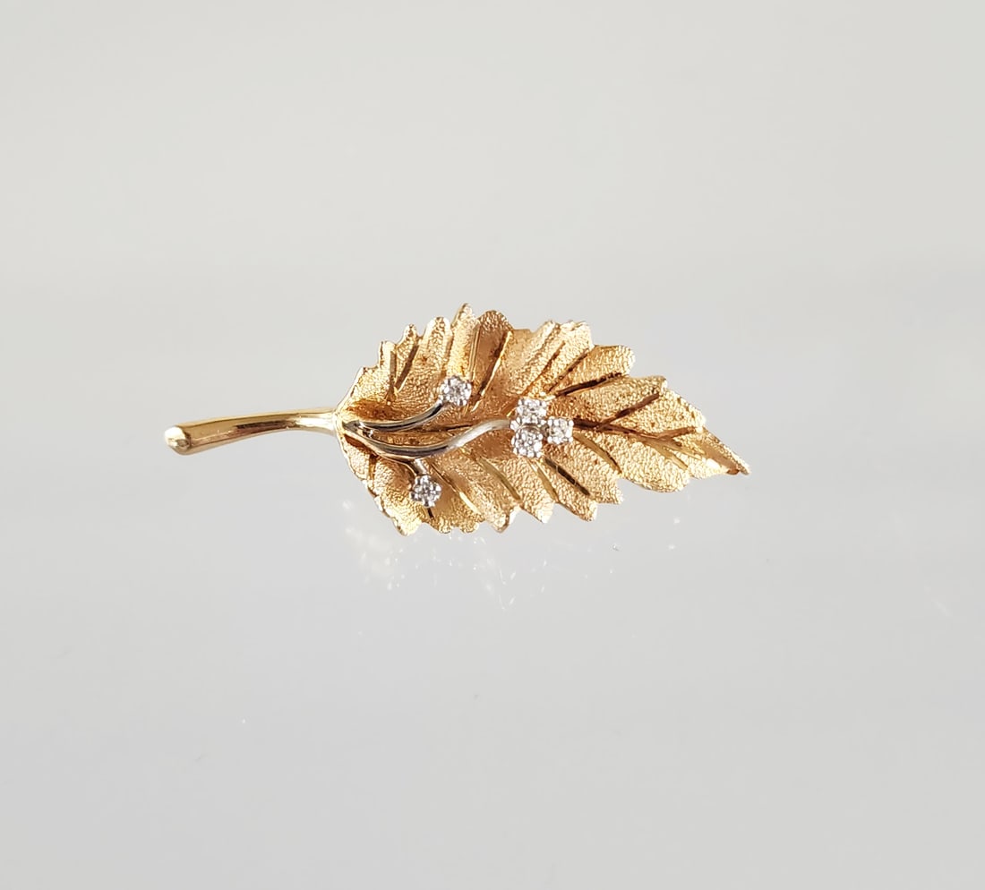 Vintage 14K Gold & Diamond Leaf Brooch, ca. mid 20th C. (1 of 6)