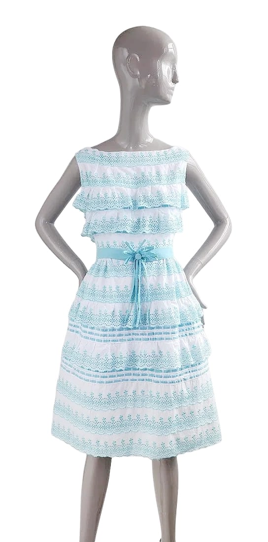 Fernanda Pancani Roma Haute Couture White & Blue Eyelet Cotton Dress: Fernanda Pancani Roma Haute Couture White & Blue Eyelet Cotton Dress with matching belt, ca. late 1950s.