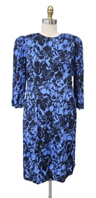 Sybil Connolly Haute Couture Blue & Black Floral Silk Dress, ca. 1980s