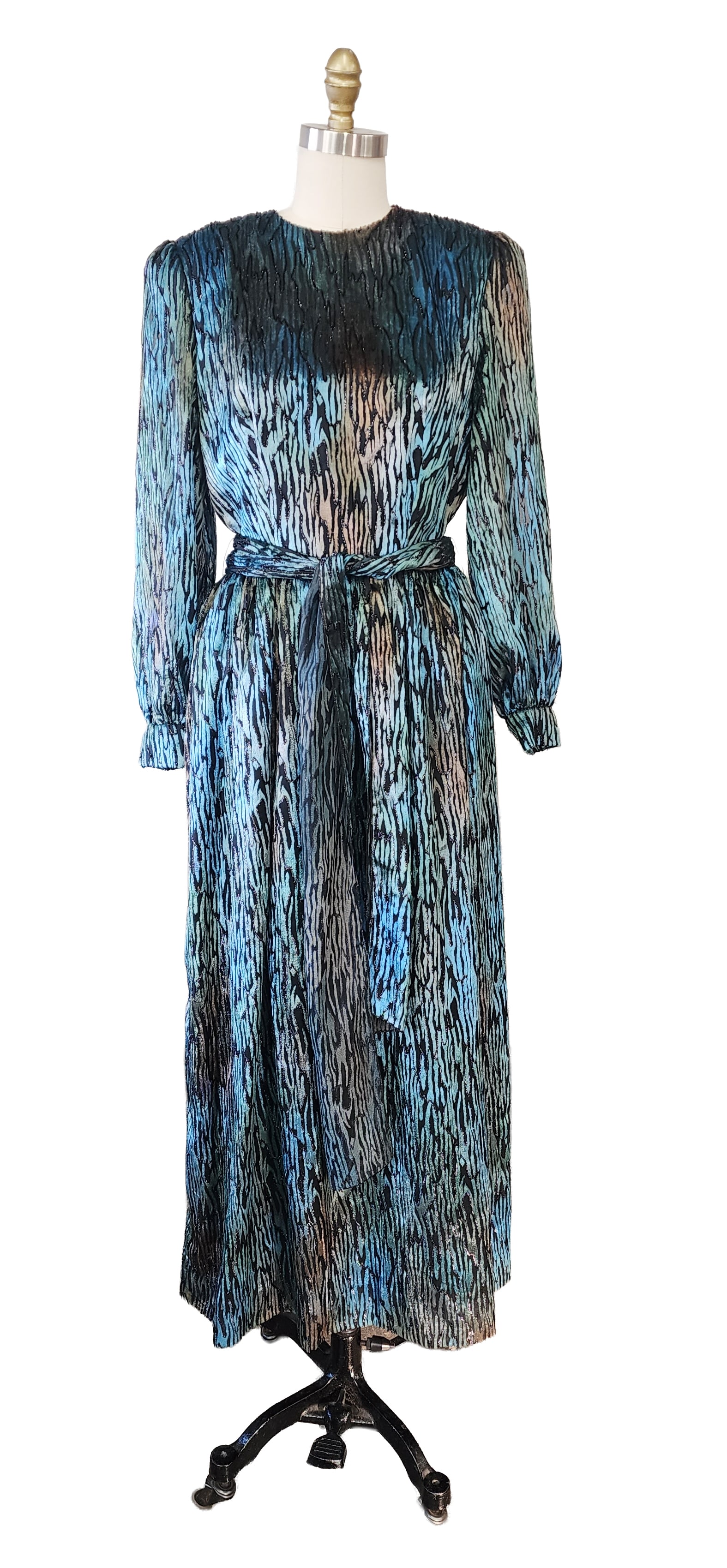 Richlene New York Peacock Blue Cut Velvet Evening Dress, ca. 1980s: Richlene New York Peacock Blue, Green & Black Cut Velvet Chiffon Evening Dress, ca. 1980s. Made in USA. Armpit to armpit- 19 inches, waist 14.5 inches.