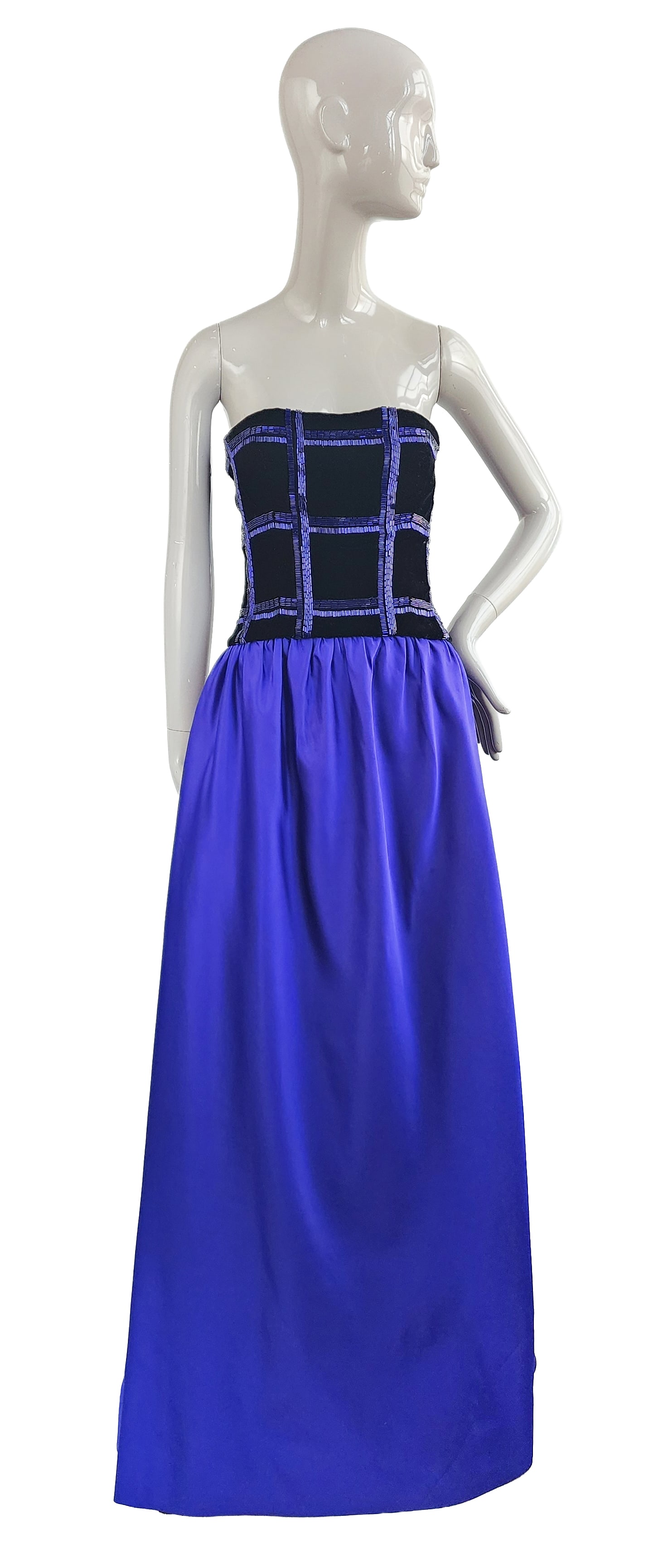 Tracy Mills Beaded Black Velvet & Royal Blue Satin Strapless Evening Dress, 1980s (1 of 3)