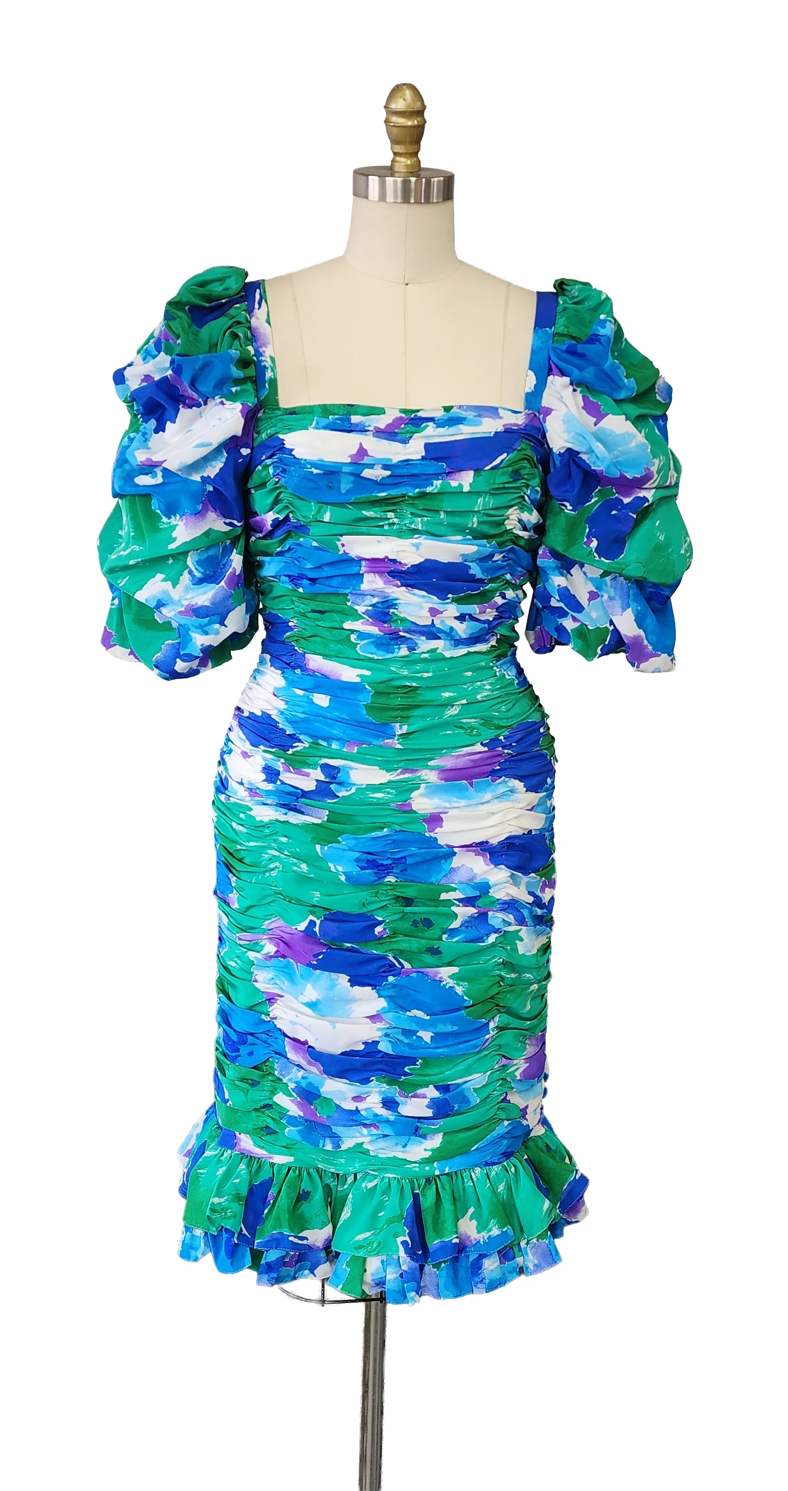 Claude Riha Paris Cannes Demi Couture Floral Print Dress, S/S 1988: Claude Riha Paris Cannes Demi Couture Blue, Green, White Floral Print Silk Blend Dress, S/S 1988. Made in France, size 44 FR. Fully lined and hand finished. Armpit to armpit- 18 inches. Provenance: Es