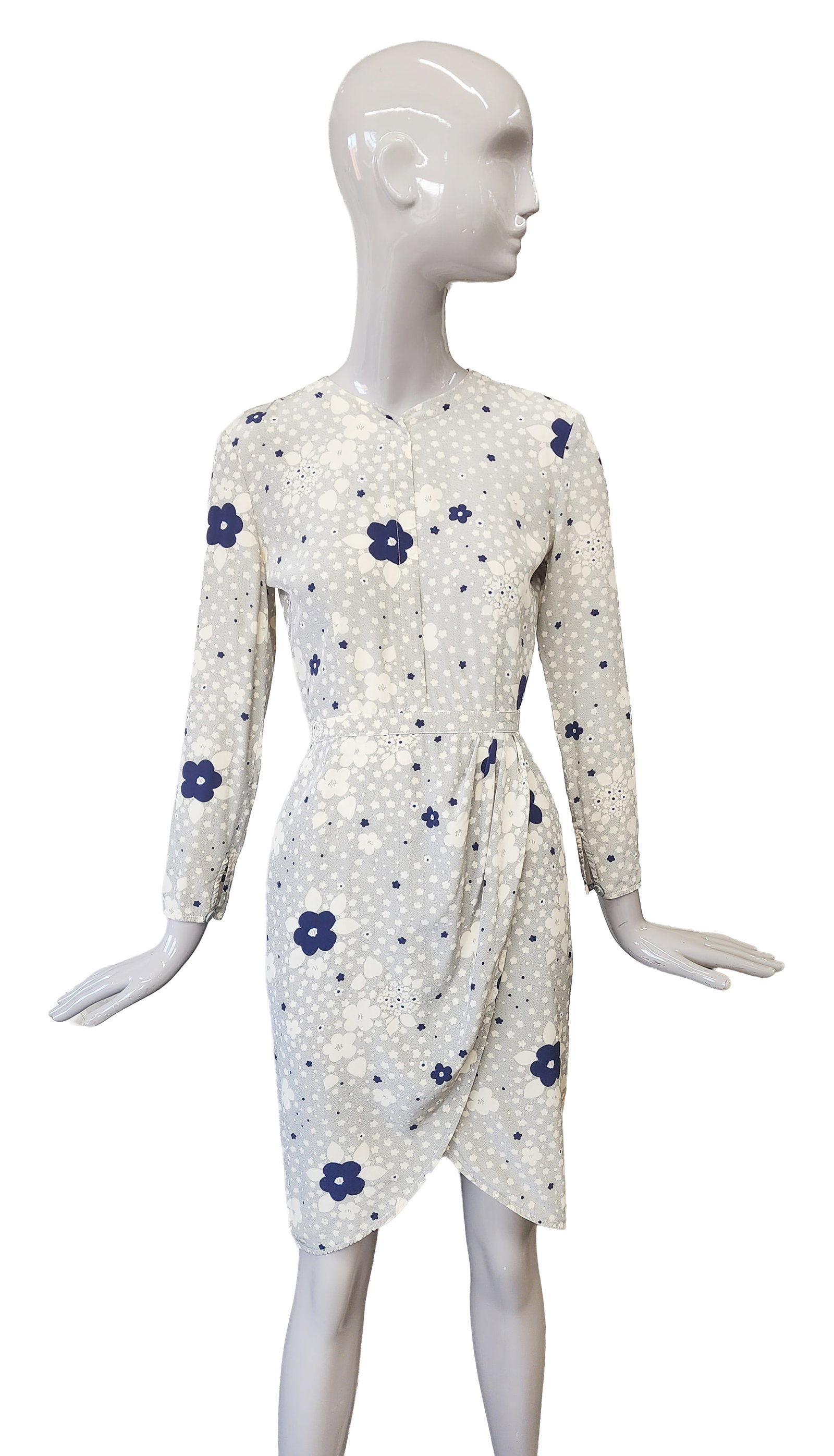 Giorgio Armani Grey, Cream & Navy Floral Print Silk Dress, ca. 1980s (1 of 5)