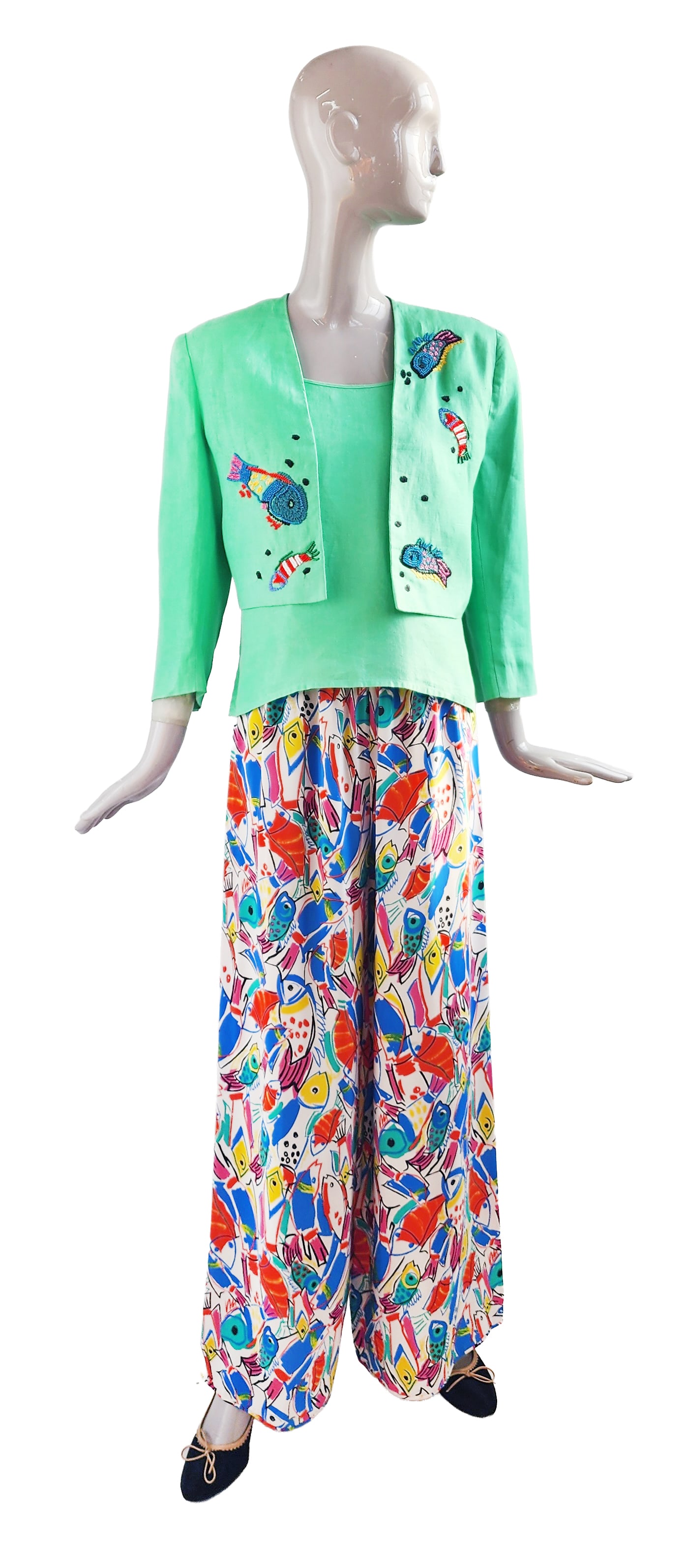 Custom Made Embroidered Green Linen & Fish Print Silk 3-Pcs Ensemble, ca. 1990s (1 of 5)