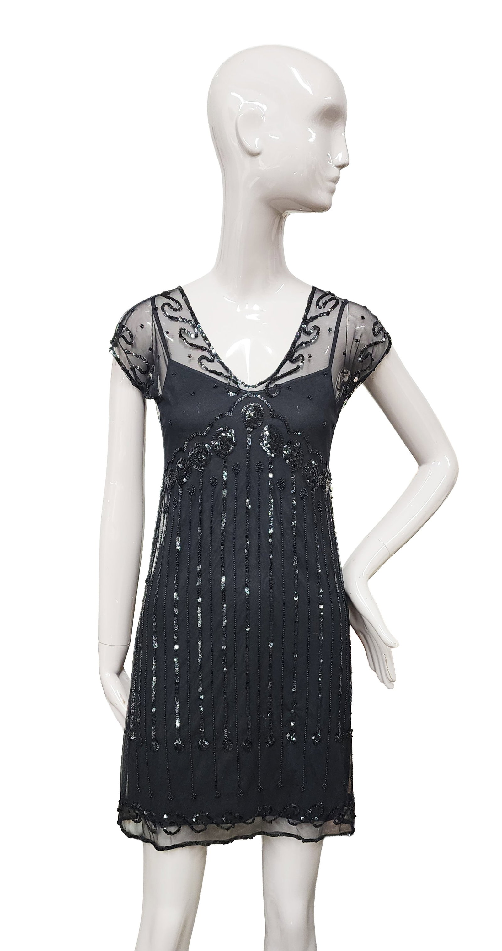 Vivienne Tam Art Deco Style Sequined Black Mesh Mini Dress & Slip: Vivienne Tam Art Deco Style Sequined Black Mesh Mini Dress & Slip , ca. 1990s. Made in Hong Kong, size 0. Armpit to armpit- 19 inches, waist 16 inches, overall length 33.5 in. Provenance: Estate of Ma