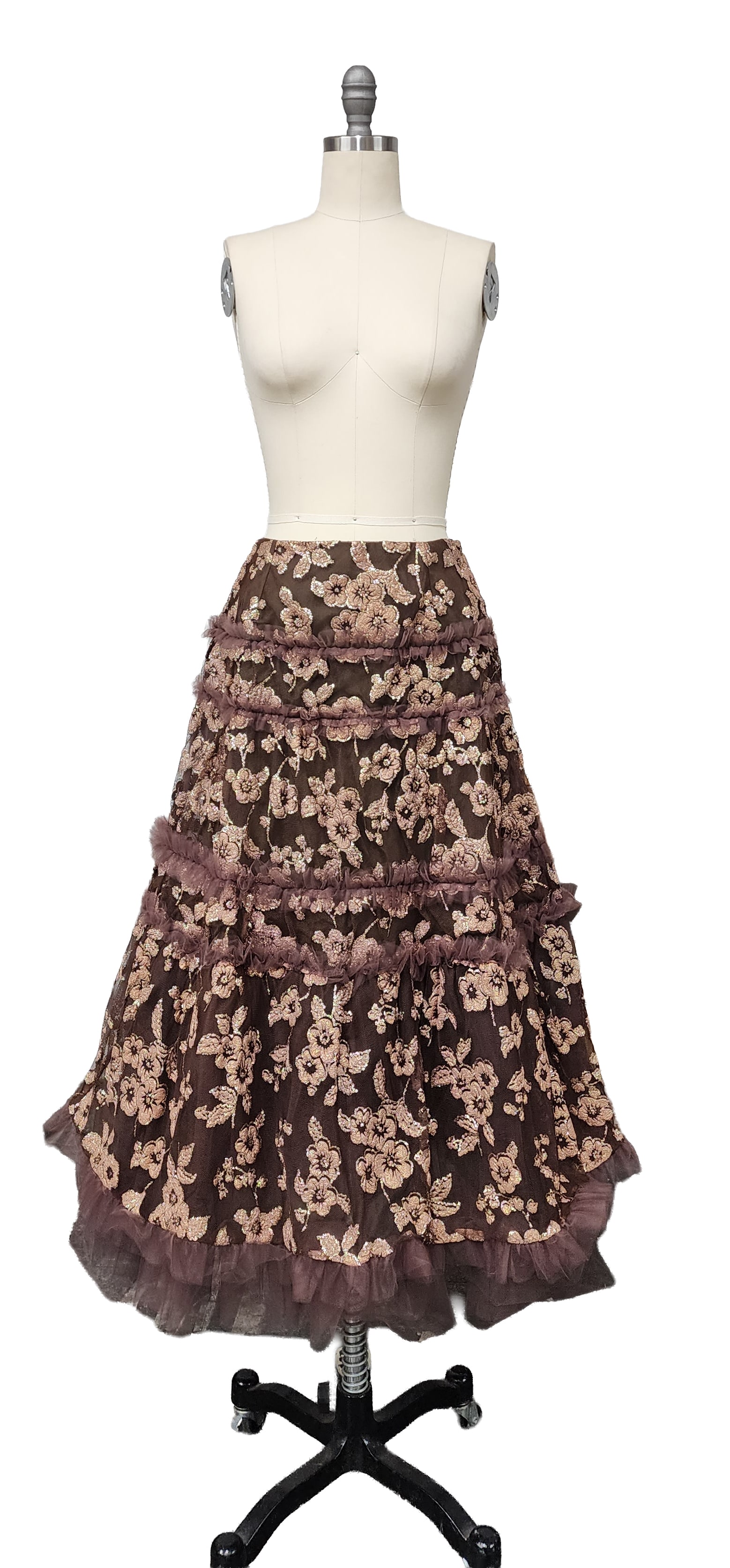 Tuleh by Bryan Bradley Gold & Brown Floral Tulle Runway Skirt, F/W 2005: Tuleh by Bryan Bradley Gold & Brown Floral Tulle Runway Sample Skirt, Fall/ Winter 2005. Made in Italy. Silk lined. Waist 13 inches.