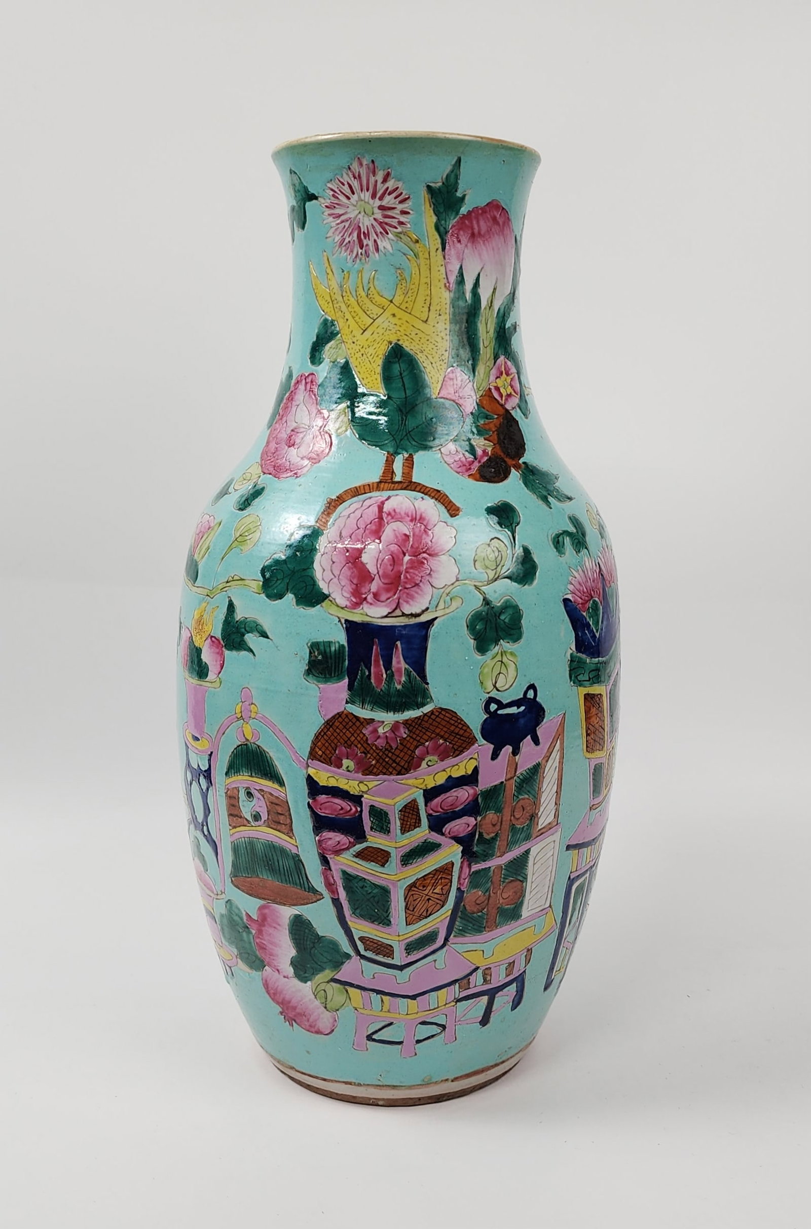 Antique Chinese Famille Rose Blue Ground Large Porcelain Vase: Antique Chinese Famille Rose Blue Ground Large Porcelain Vase, h. 16.75 inches, circa late 19th- early early 20th century. Provenance: Estate of a New York collector/ dealer. The collection assembled 