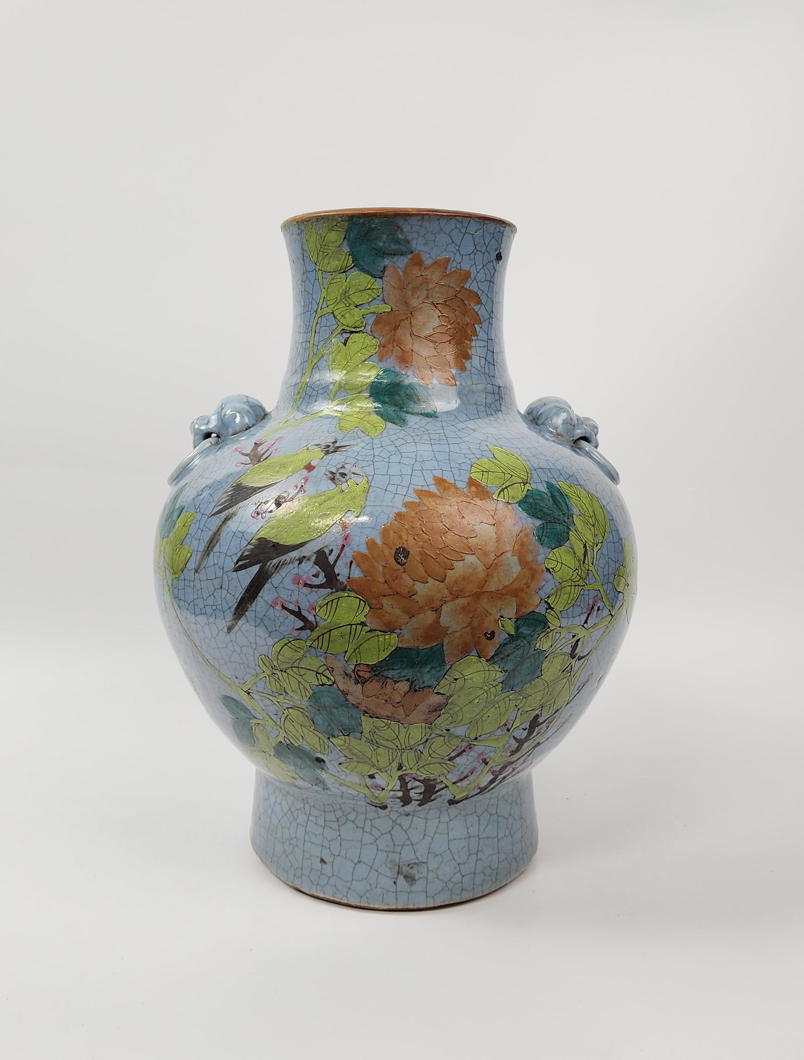 Antique Chinese Sky Blue Crackle Glazed & Enameled Porcelain Vase: Antique Chinese Sky Blue Crackle Glazed & Enameled Porcelain Vase, h. 14.25 inches, circa early 20th century. Provenance: Estate of a New York collector/ dealer. The collection assembled between early