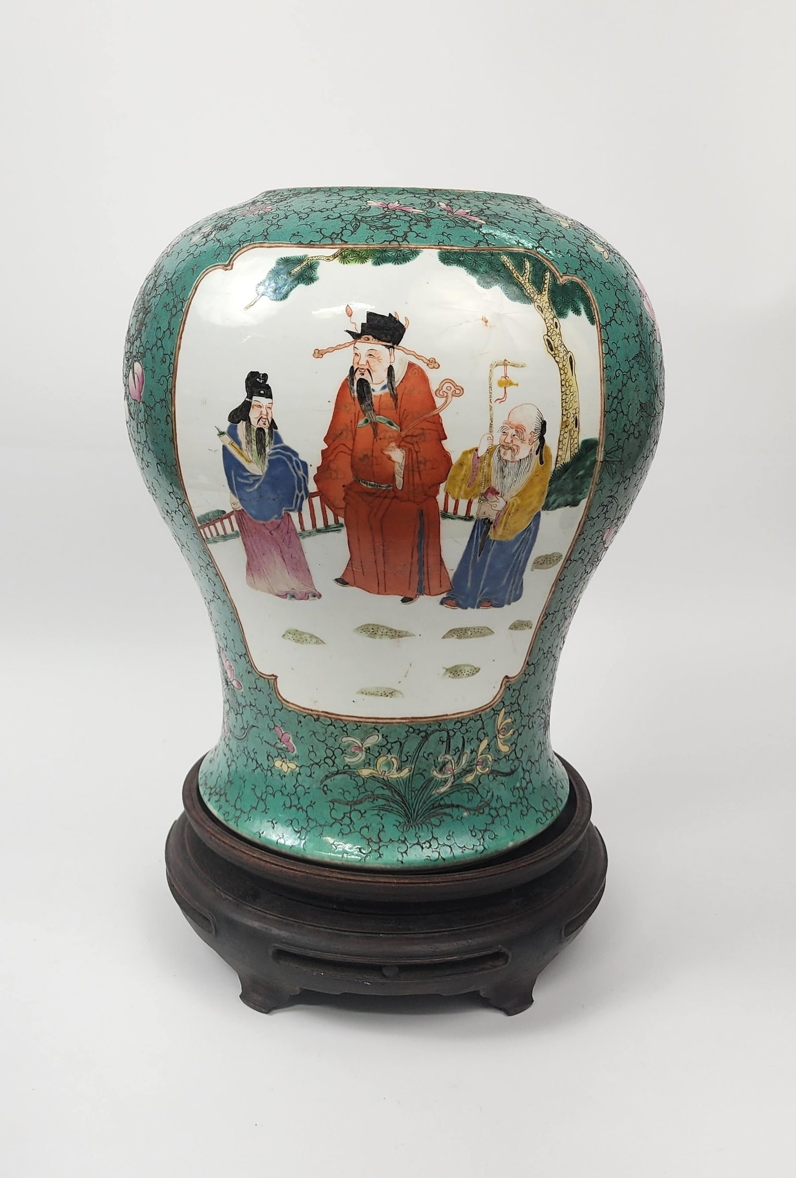 Antique Chinese Famille Rose Faux Turquoise Ground Vase/ Lamp Base: Antique Chinese Famille Rose Faux Turquoise Ground Vase/ Lamp Base with wooden stand, h. 9.75 inches, ca. late 19th- early 20th century. Provenance: Estate of a New York collector/ dealer. The collect